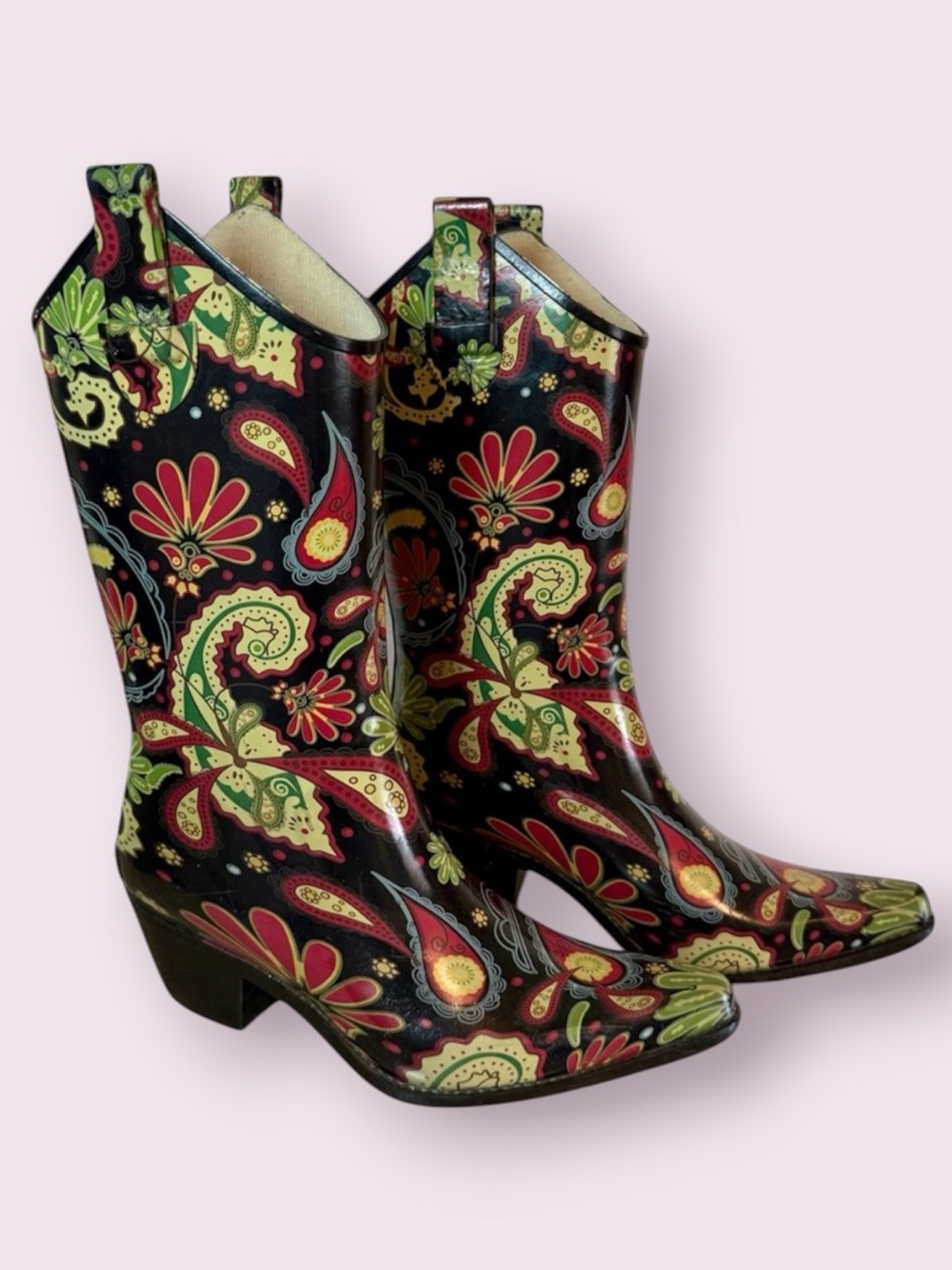 Nomad Corkys Yippy Western Rain Boots Black Paisley Print Size 7